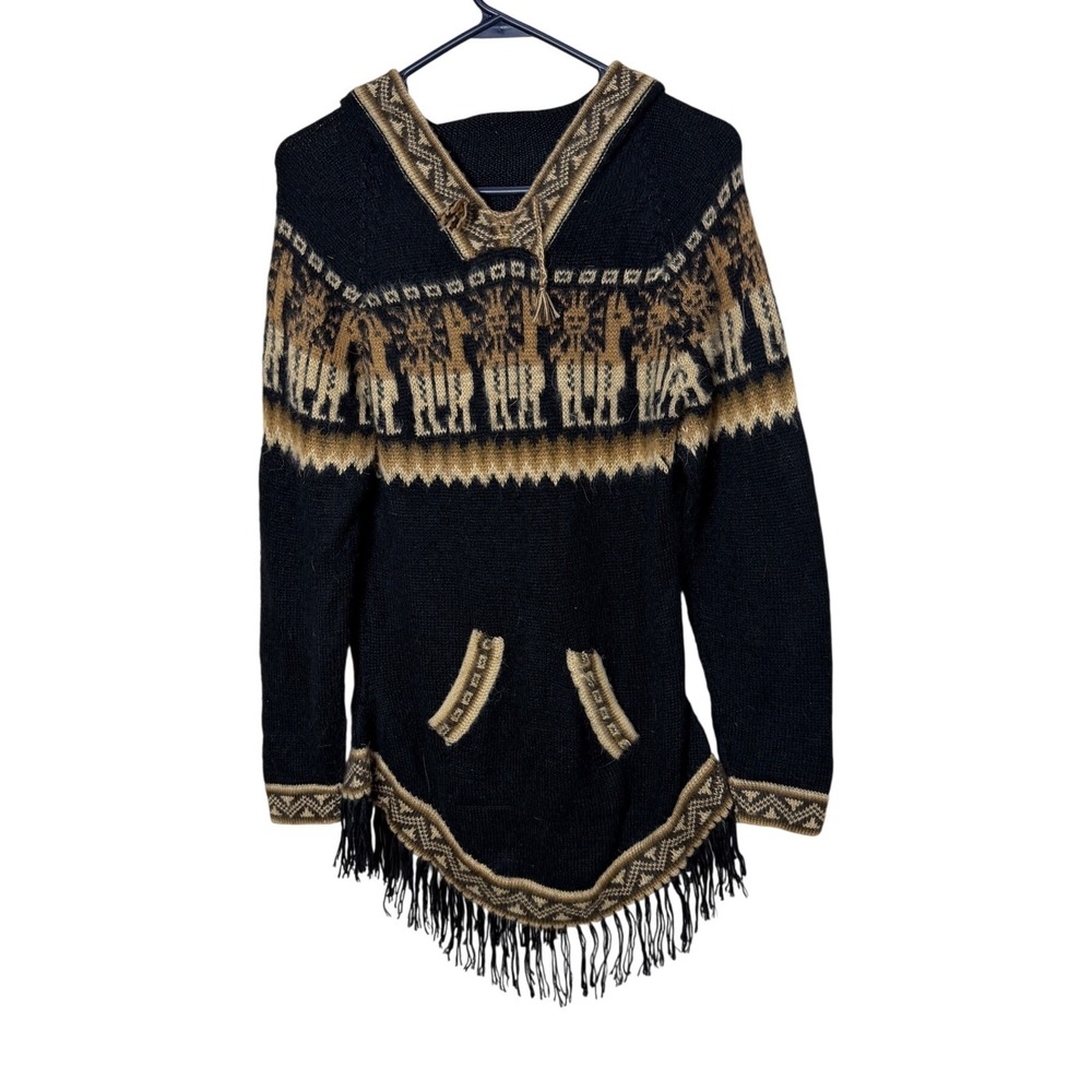 Peruvian Llama Knit Fringe Hoodie Sweater Black Brown Boho Pullover